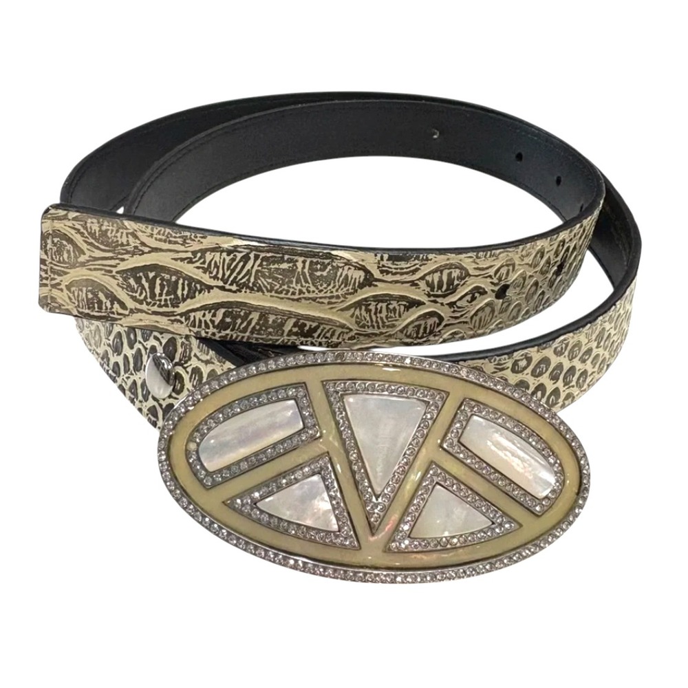 CABI LEATHER BELT Embossed Croc/Snake BEIGE/GRAY Crystal Mother/Pearl Buckle S